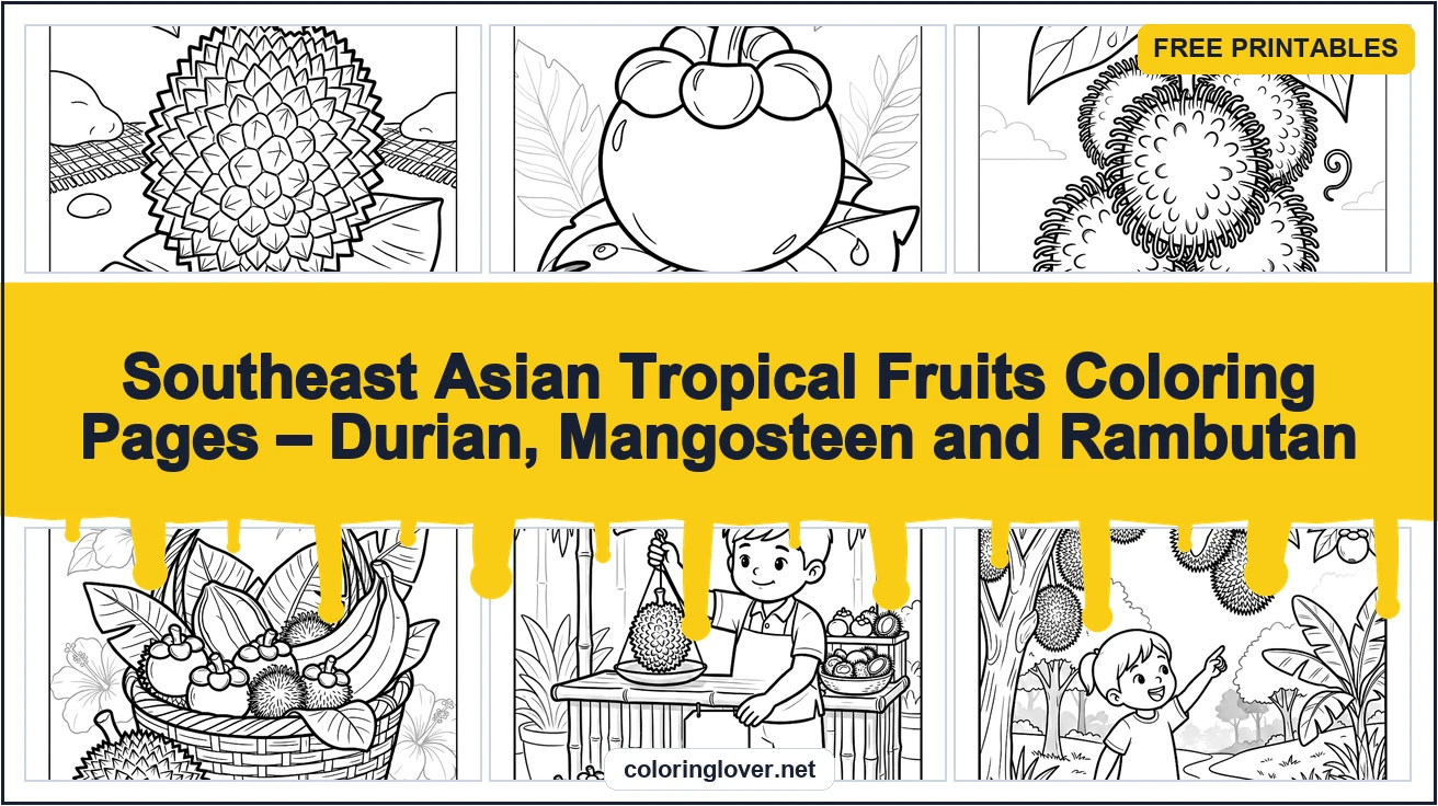 Southeast Asian Tropical Fruits Coloring Pages – Durian, Mangosteen and Rambutan